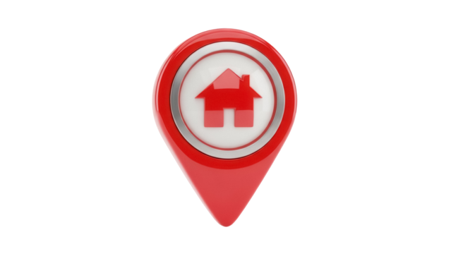 Red location pin with house symbol isolated PNG, real estate and property marker for maps and navigation on transparent background - Powered by Adobe
