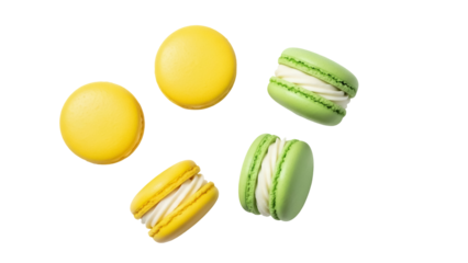 Colorful yellow and green macarons isolated PNG, sweet almond meringue-based confection for dessert and bakery concepts