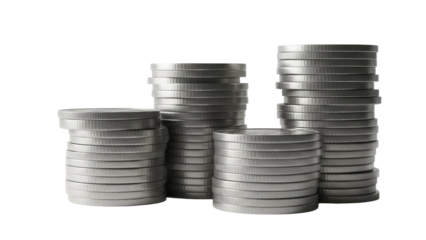 Stacks of silver coins isolated on transparent background, metal currency in piles for savings and investment concepts PNG