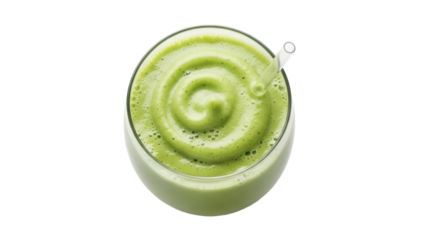 Green smoothie in glass with straw isolated PNG, healthy blended drink for detox diet and nutrition on transparent background
