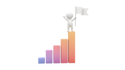 3D stick figure on top of growth chart isolated PNG, concept for business success and career achievement on transparent background