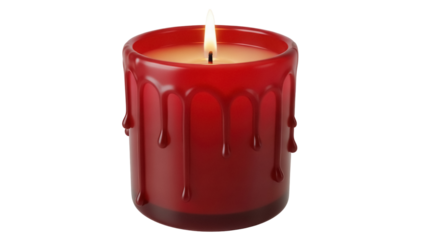 Red candle with dripping wax isolated PNG, decorative element for holiday themes and romantic atmosphere on transparent background