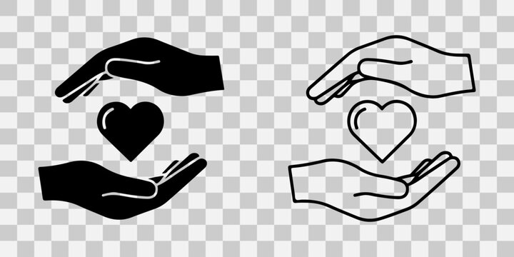 Caring hands holding heart icon set