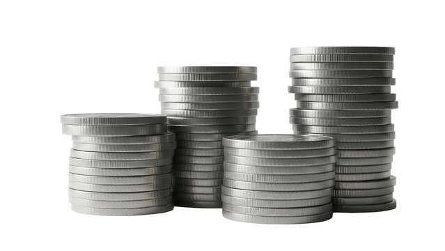 Stacks of silver coins isolated on transparent background, metal currency in piles for savings and investment concepts PNG