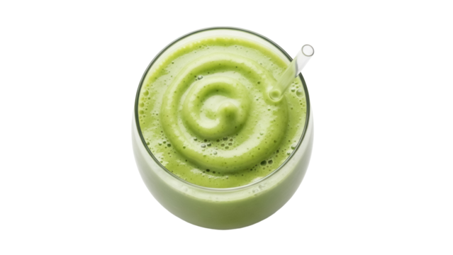 Green smoothie in glass with straw isolated PNG, healthy blended drink for detox diet and nutrition on transparent background - Powered by Adobe