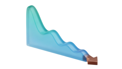 Downward trend arrow PNG isolated on transparent background, financial decline or economic recession concept with blue and brown gradient colors