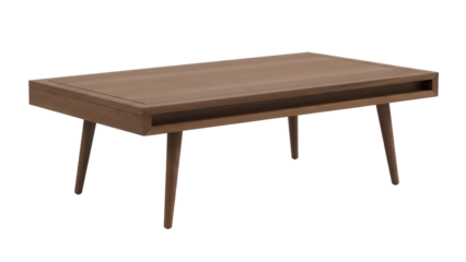 Mid-century modern brown coffee table isolated PNG, rectangular wood table with tapered legs on transparent background