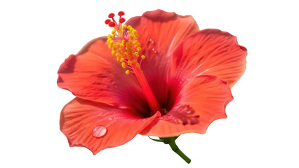 Vibrant red hibiscus flower isolated PNG on transparent background, tropical bloom with detailed stamen and water droplet for botanical designs