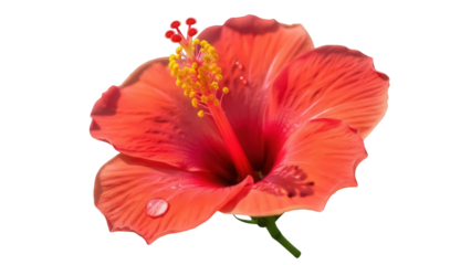 Vibrant red hibiscus flower isolated PNG on transparent background, tropical bloom with detailed stamen and water droplet for botanical designs