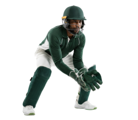 Male cricket wicket-keeper in green uniform and helmet crouching, ready to catch, isolated on white