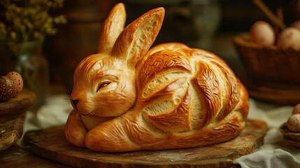 Artisan rabbit shaped bread loaf on rustic table
