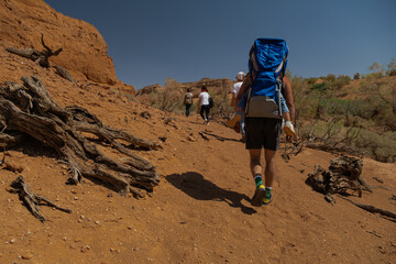 A family with a child in a slings hikes with friends through a Mongolian canyon. Long rear shot captures the group against red-orange sand and sparse green vegetation