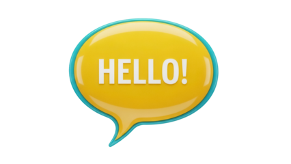 Yellow speech bubble with Hello isolated PNG, communication graphic element for social media and messaging apps on transparent background