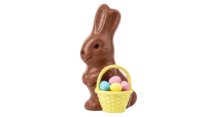 Chocolate Easter bunny with basket of eggs isolated PNG, sweet treat for spring holiday celebration and confectionery design