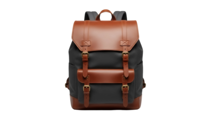 Stylish black and brown backpack isolated PNG, vintage rucksack with leather straps on transparent background for travel and everyday use