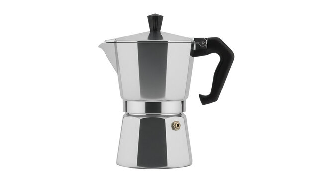 Classic stovetop espresso maker isolated PNG, Italian moka pot for coffee brewing on transparent background, kitchen appliance