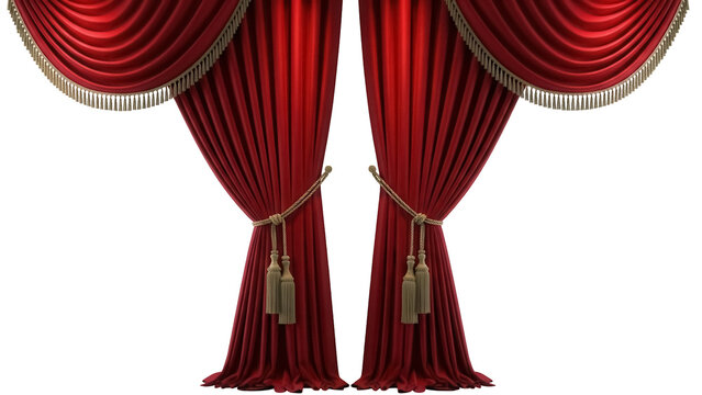 Elegant red velvet curtains with tassels isolated PNG, theatrical drapes for stage design and interior decoration on transparent background