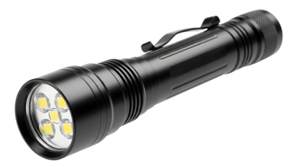 Powerful L E D flashlight with six yellow bulbs and a textured grip isolated on a transparent background