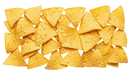 Pile of golden tortilla chips isolated PNG, crunchy snack food on transparent background, salty appetizer for party or picnic