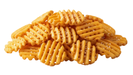 Pile of golden waffle fries isolated PNG on transparent background, crispy and salty potato snack for fast food menus