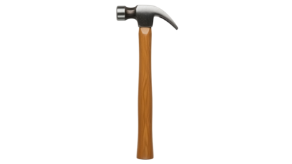Claw hammer isolated PNG on transparent background, steel head and wooden handle for construction and carpentry work, tool for hammering nails