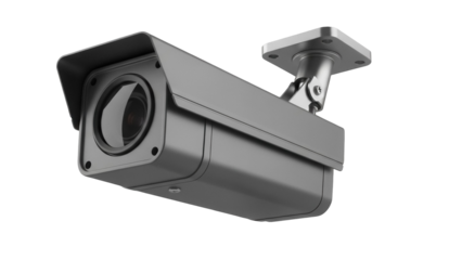Gray CCTV security camera isolated PNG, surveillance system for safety and crime prevention on transparent background