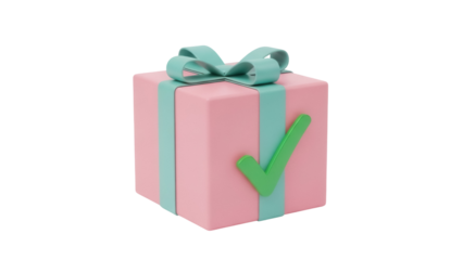 Pink gift box with green check mark isolated PNG, present with ribbon and bow for celebration, birthday, holiday, or special occasion