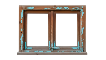 Rustic wooden window frame with peeling blue paint isolated PNG, vintage architectural element on transparent background for design projects