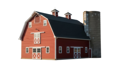 Red barn with silo isolated PNG, classic American farm building on transparent background for agricultural and rural themes