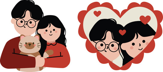 Cute Couple Illustration with Cat and Heart Frame Valentine Element Collection 