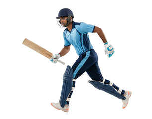 Professional cricket player running with bat, helmet, and pads isolated on white background
