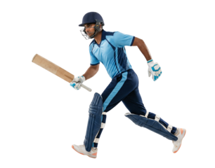 Professional cricket player running with bat, helmet, and pads isolated on white background