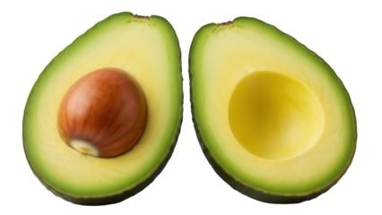 Two avocado halves PNG isolated on transparent background, one with pit, healthy fruit for vegan diet and cooking