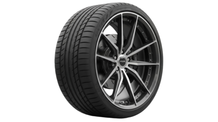 Black performance tire with alloy rim isolated PNG, high grip radial tyre for sports car or tuning with directional tread pattern on transparent background