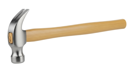 Claw hammer isolated PNG on transparent background, steel head and wooden handle tool for construction and carpentry work