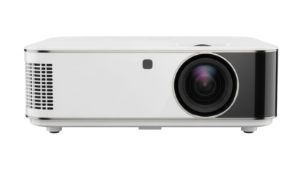 Modern white projector isolated PNG on transparent background, multimedia device for home theater and presentations, portable entertainment