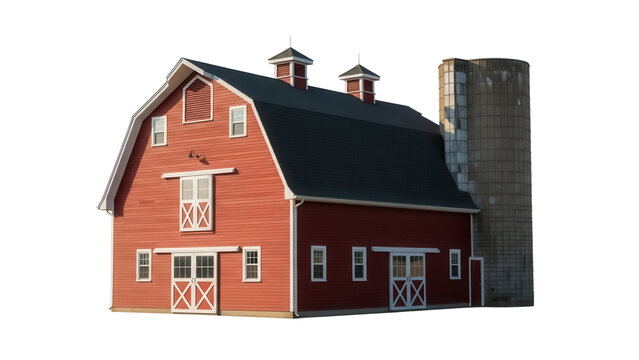 Red barn with silo isolated PNG, classic American farm building on transparent background for agricultural and rural themes
