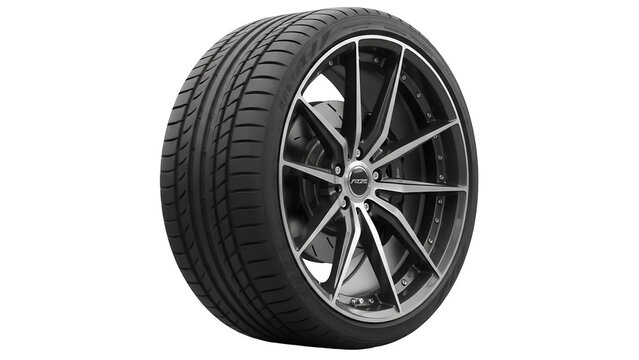 Black performance tire with alloy rim isolated PNG, high grip radial tyre for sports car or tuning with directional tread pattern on transparent background
