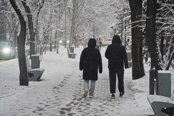 Almaty, Kazakhstan - 12.18.2025 : People are walking down the street in a heavy snowfall. © Vladimir