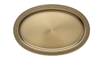 Golden oval tray with Greek key border isolated PNG, decorative serving platter for food presentation and elegant table setting
