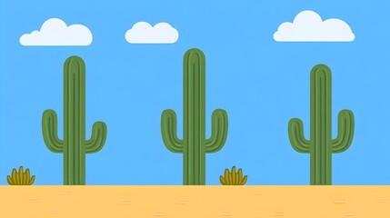 Cacti growing in a desert landscape graphic illustration vibrant blue sky