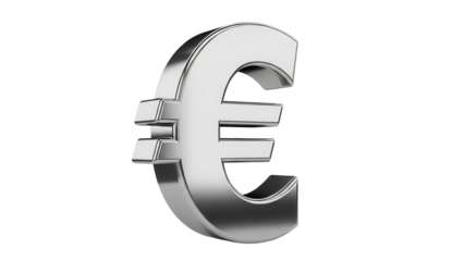 Silver euro symbol PNG isolated on transparent background, currency sign for finance and European economy