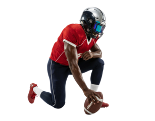 American Football Player in Red Jersey Kneeling with Ball Isolated on White