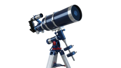 Blue telescope on a tripod isolated PNG, astronomical instrument for observing celestial objects on transparent background
