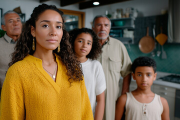 Multigenerational Latino family standing together seriously at home