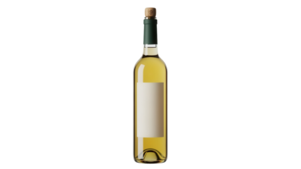 Elegant bottle of white wine isolated PNG, blank label for branding and advertising purposes, on transparent background