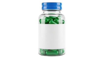 Green capsules in clear bottle with blue cap isolated PNG, dietary supplement for health and...