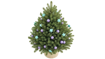 Isolated, pretty Christmas tree with pastel blue stars and purple baubles, festive decor