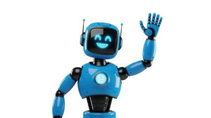 Friendly blue robot waving hand isolated PNG, futuristic technology character on transparent background for digital design and artificial intelligence concepts
