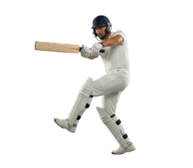 Male cricket player in white uniform swinging bat isolated on white background
